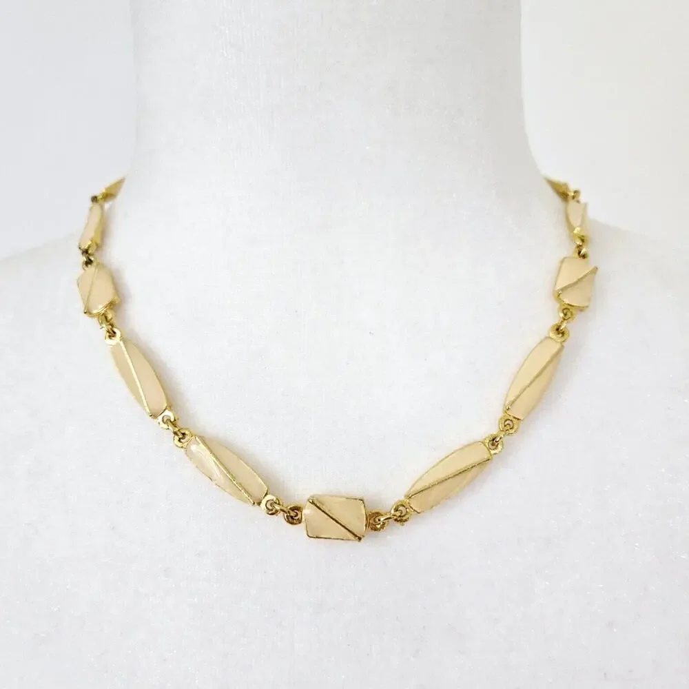 Vintage Choker Necklace Goldtone Cream Enamel Classic Midcentury Twee Coquette